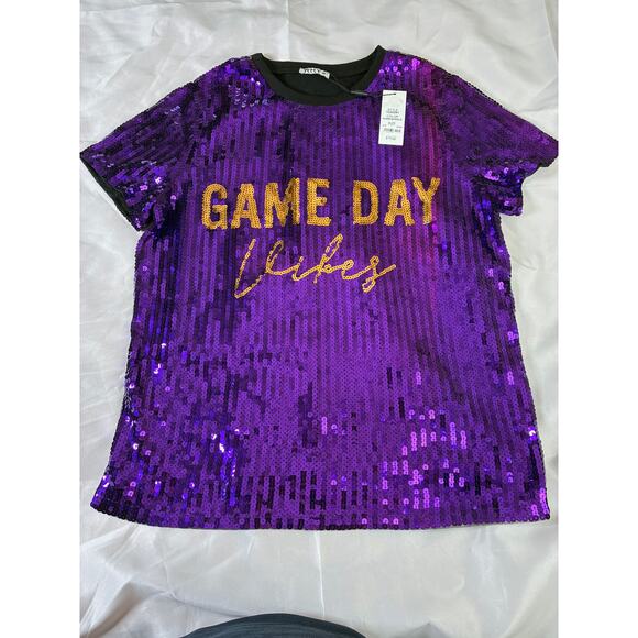 Why Tops - Why Dress Game Day Vibes Sequin Top Women's Medium Purple Gold NWT